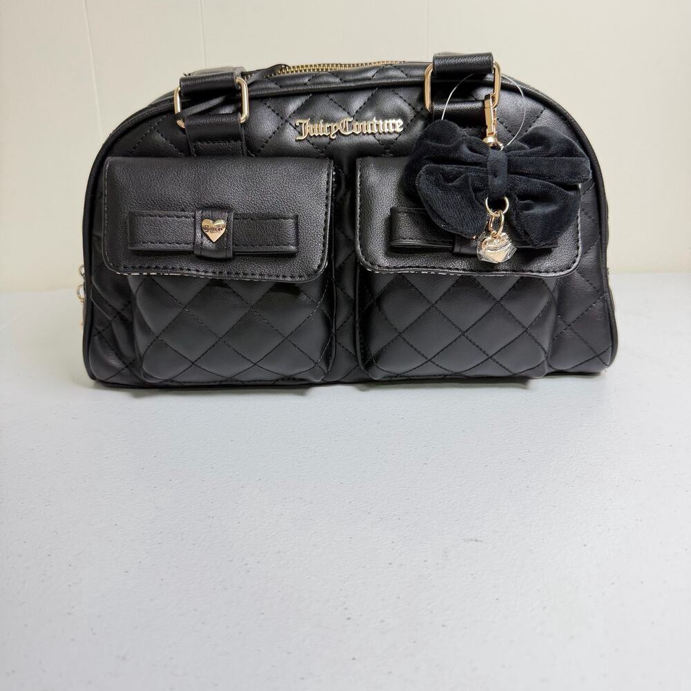 Juicy Couture Black Quilted Satchel Dome Bag Bow Heart Charm Gold Tone